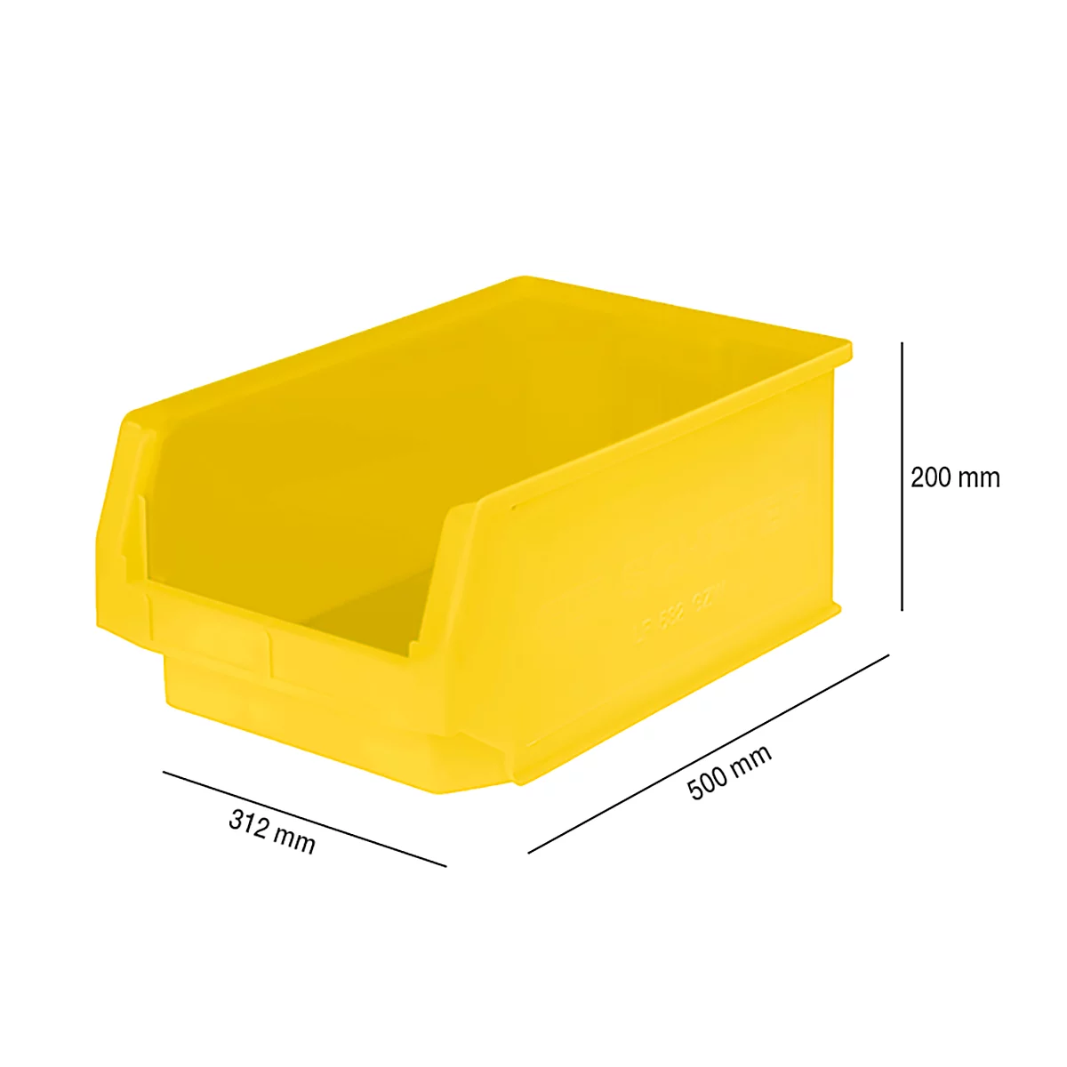 Contenedor de almacenamiento de plástico amarillo con dimensiones: 500 mm x 312 mm x 200 mm.