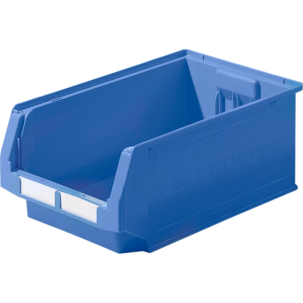 Caja de almacenamiento de plástico azul. Frente con campo de etiqueta blanco.