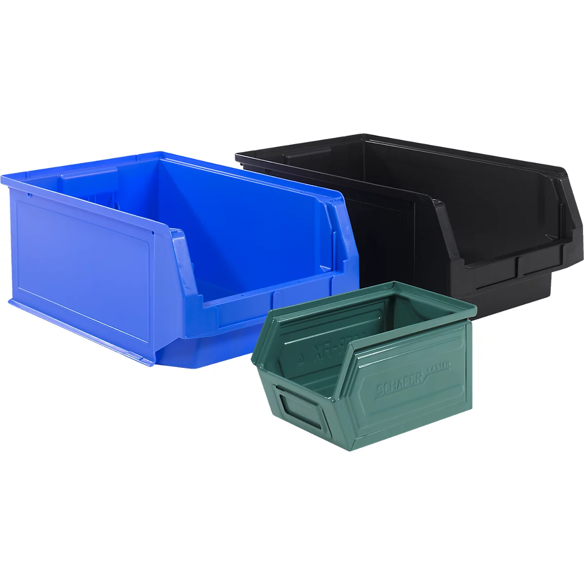 Tres contenedores de plástico en azul, negro y verde. Tienen una parte delantera inclinada para facilitar el acceso.