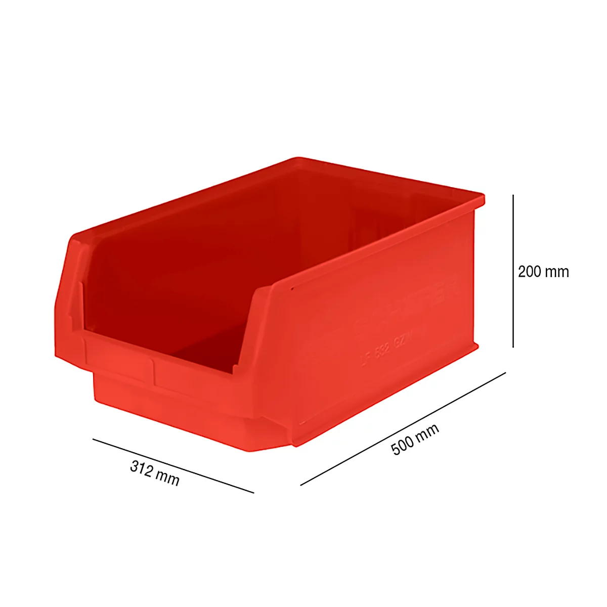 Caja de almacenamiento de plástico rojo, dimensiones: 500 x 312 x 200 mm. Parte delantera abierta, con dimensiones.