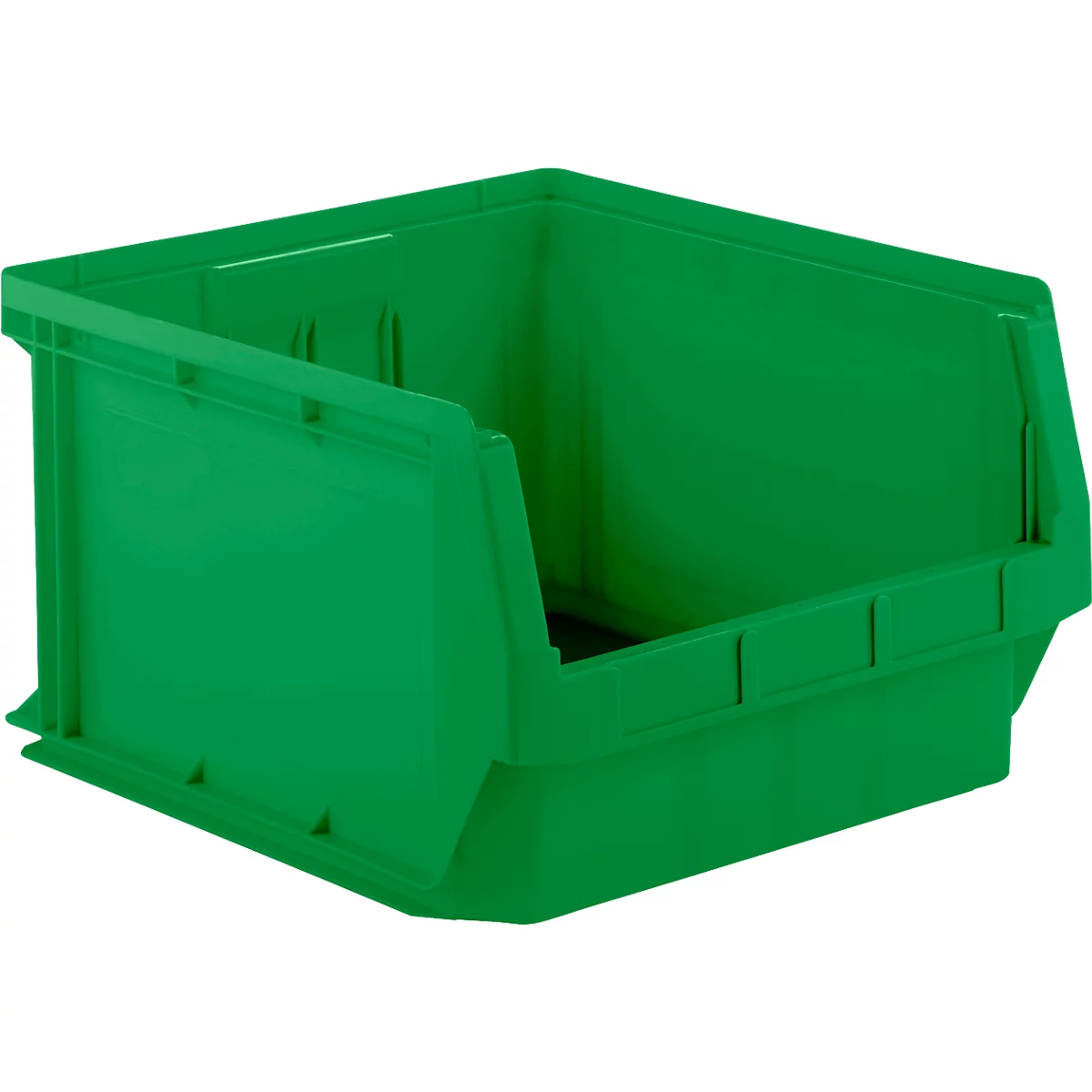 Contenedor de almacenamiento de plástico verde. El contenedor tiene un frente inclinado.