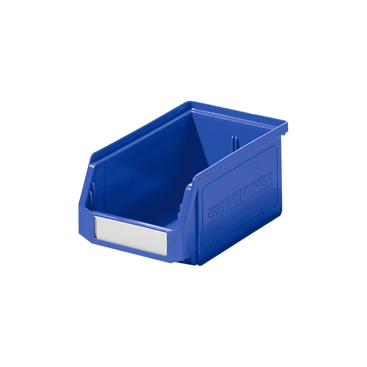 Caja de plástico azul con etiqueta blanca, texto: GESCHAFER.