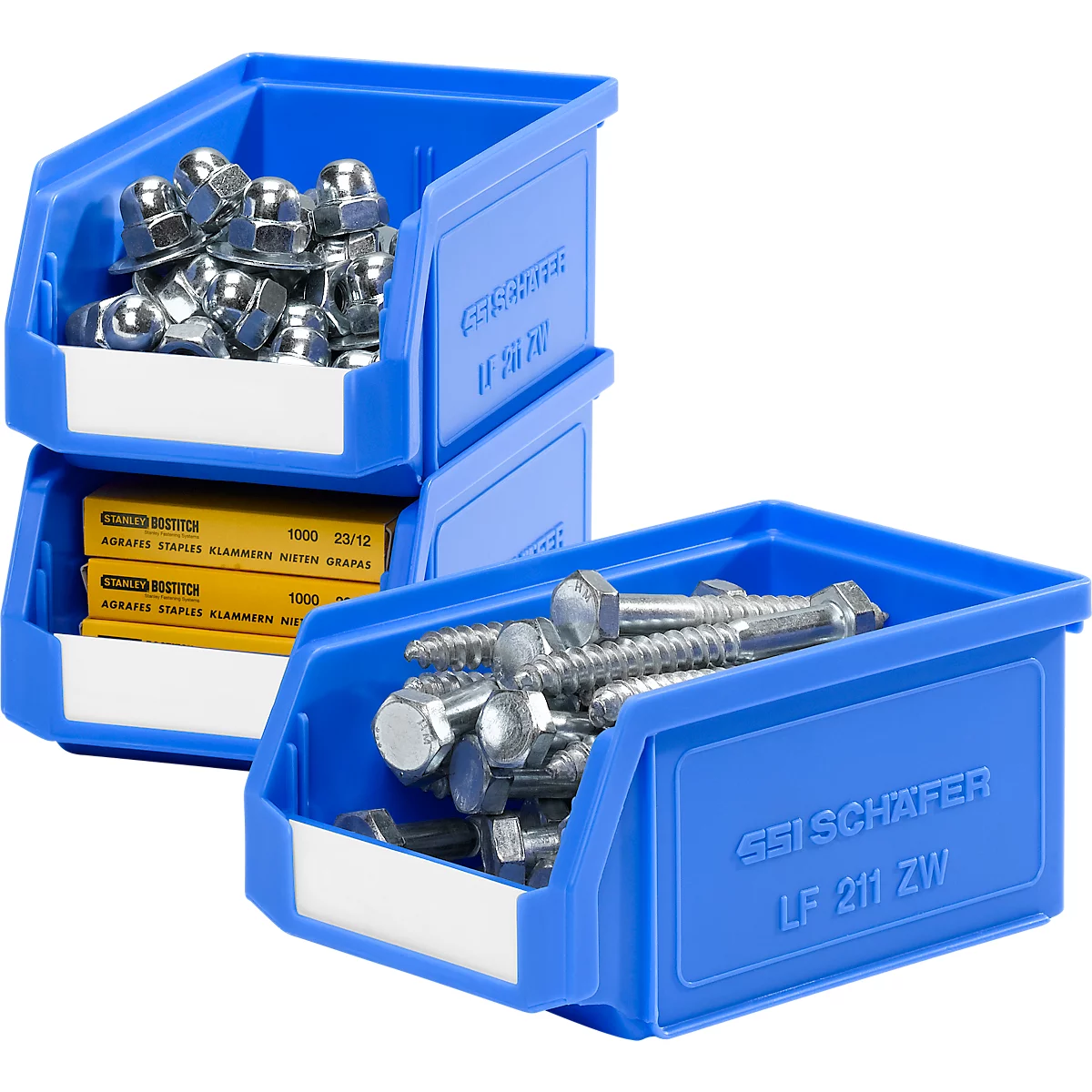 Cajas de almacenamiento azules con tuercas, tornillos y notas amarillas. Inscripción: SSI Schäfer LF 211 ZW.