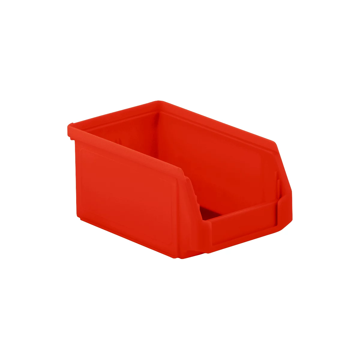 Caja de almacenamiento de plástico rojo. Lado abierto, ligeramente biselado. Poca profundidad.