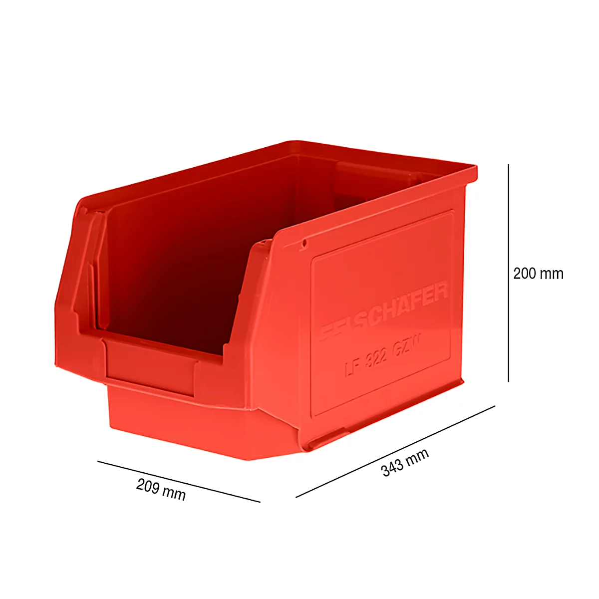 Caja de plástico roja, con dimensiones en mm. Con la inscripción 'SCHAFER'.