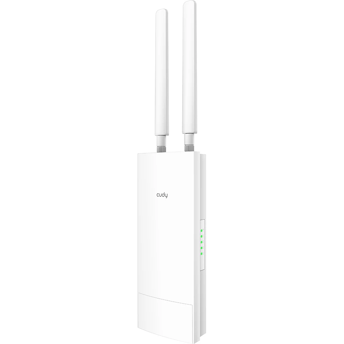 Weißer Cudy Outdoor-WLAN-Access-Point mit zwei Antennen und leuchtenden Status-LEDs vor weißem Hintergrund.