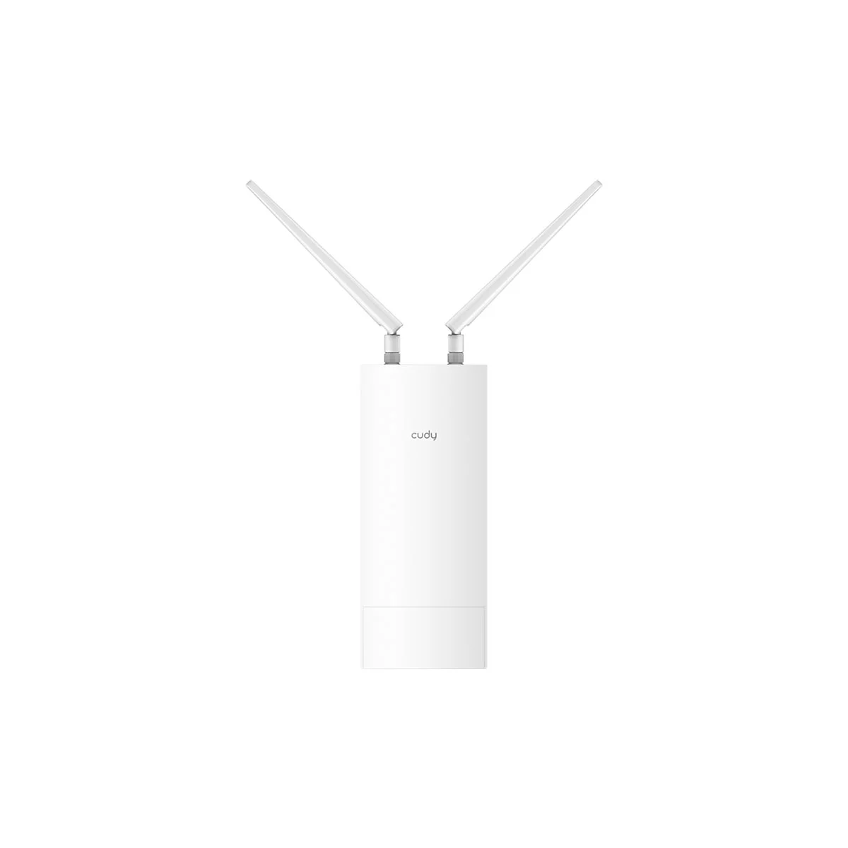 Weißer Cudy Outdoor-Access-Point mit zwei nach oben gerichteten Antennen vor neutralem Hintergrund.