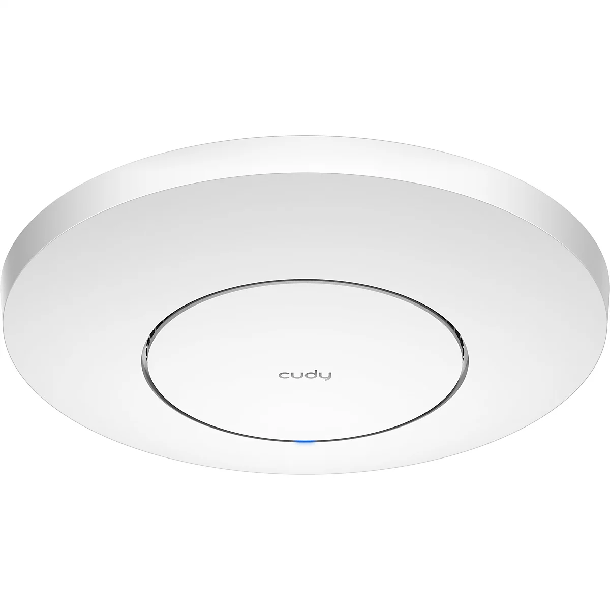 Weißer, runder Cudy WLAN-Access-Point für die Deckenmontage mit mittigem Markenlogo und kleiner blauer Statusleuchte.