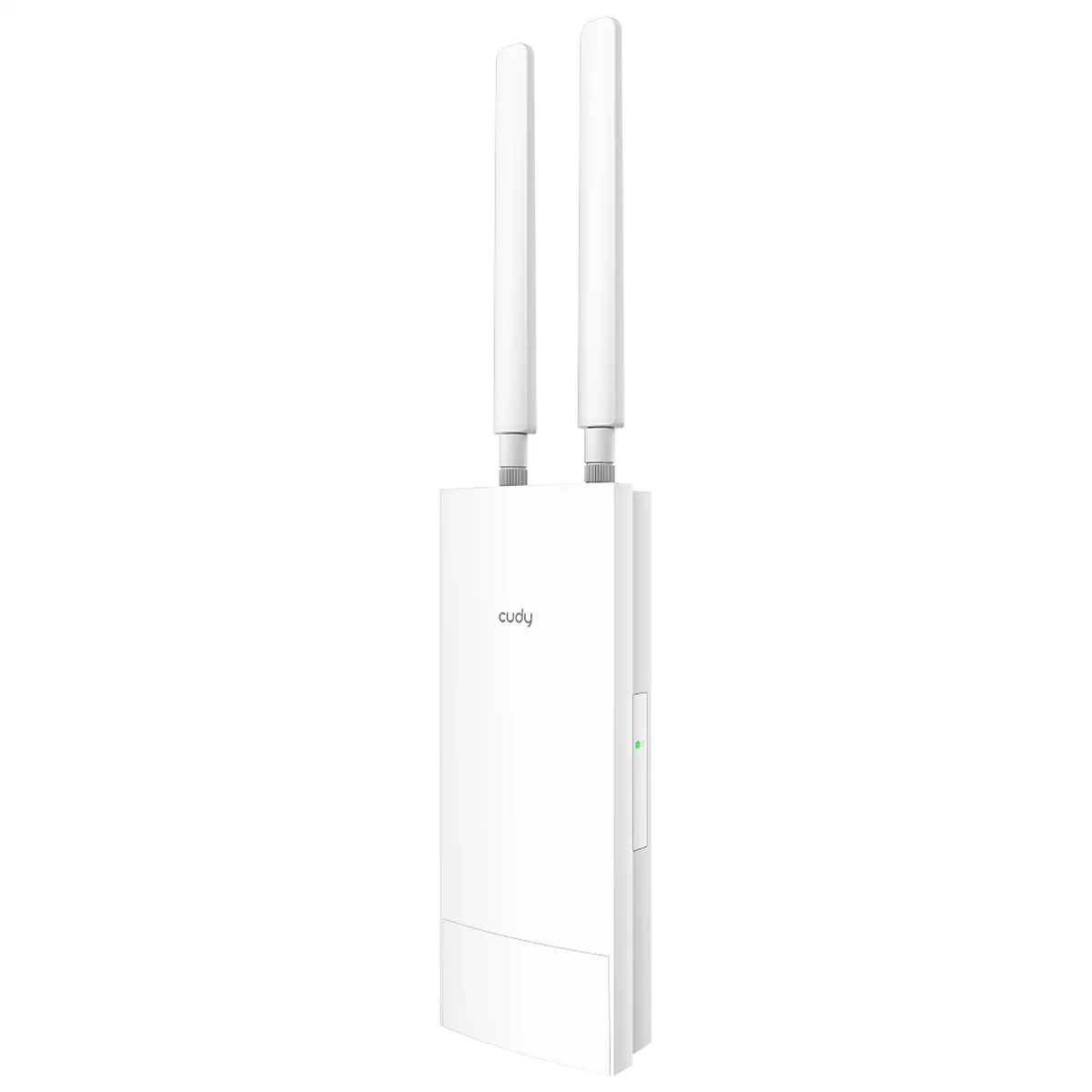 Weißer Cudy Outdoor-Access-Point mit zwei Antennen vor weißem Hintergrund.