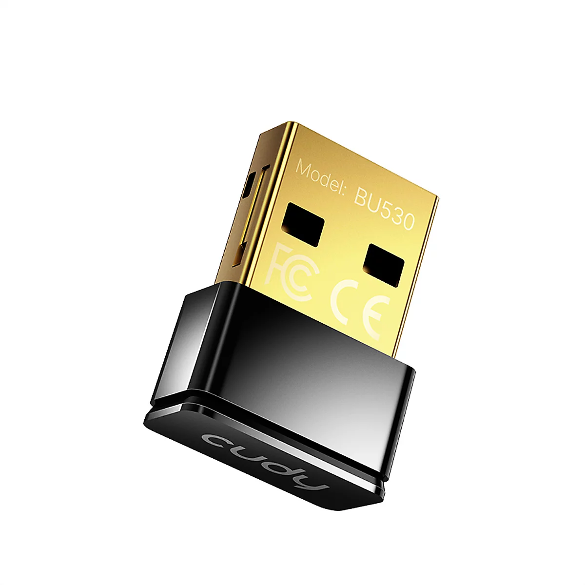 Goldener USB-Bluetooth-Adapter mit schwarzem Gehäuse und Cudy-Schriftzug vor weißem Hintergrund.