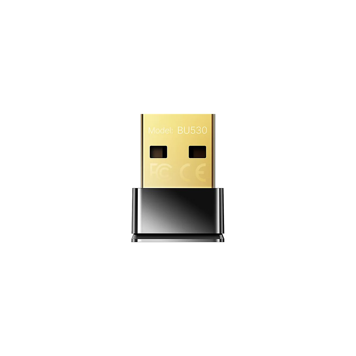 Goldener USB-Adapter mit der Aufschrift Model: BU530 und FC CE Kennzeichnung auf einem glatten schwarzen Sockel.