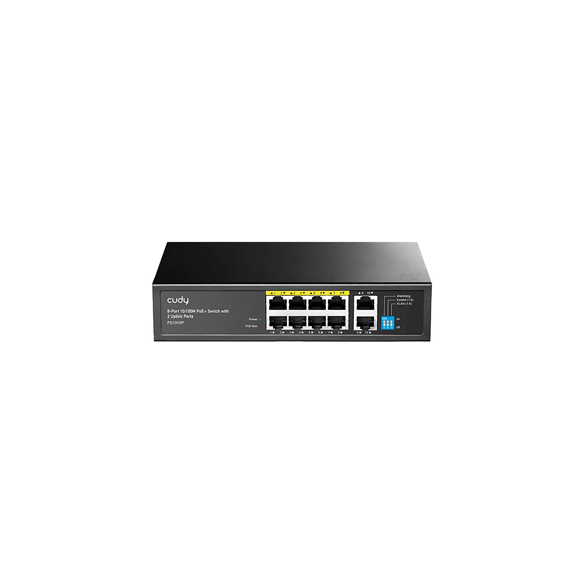 Schwarzer Cudy 8-Port PoE+ Switch mit 2 Uplink-Ports vor weißem Hintergrund.