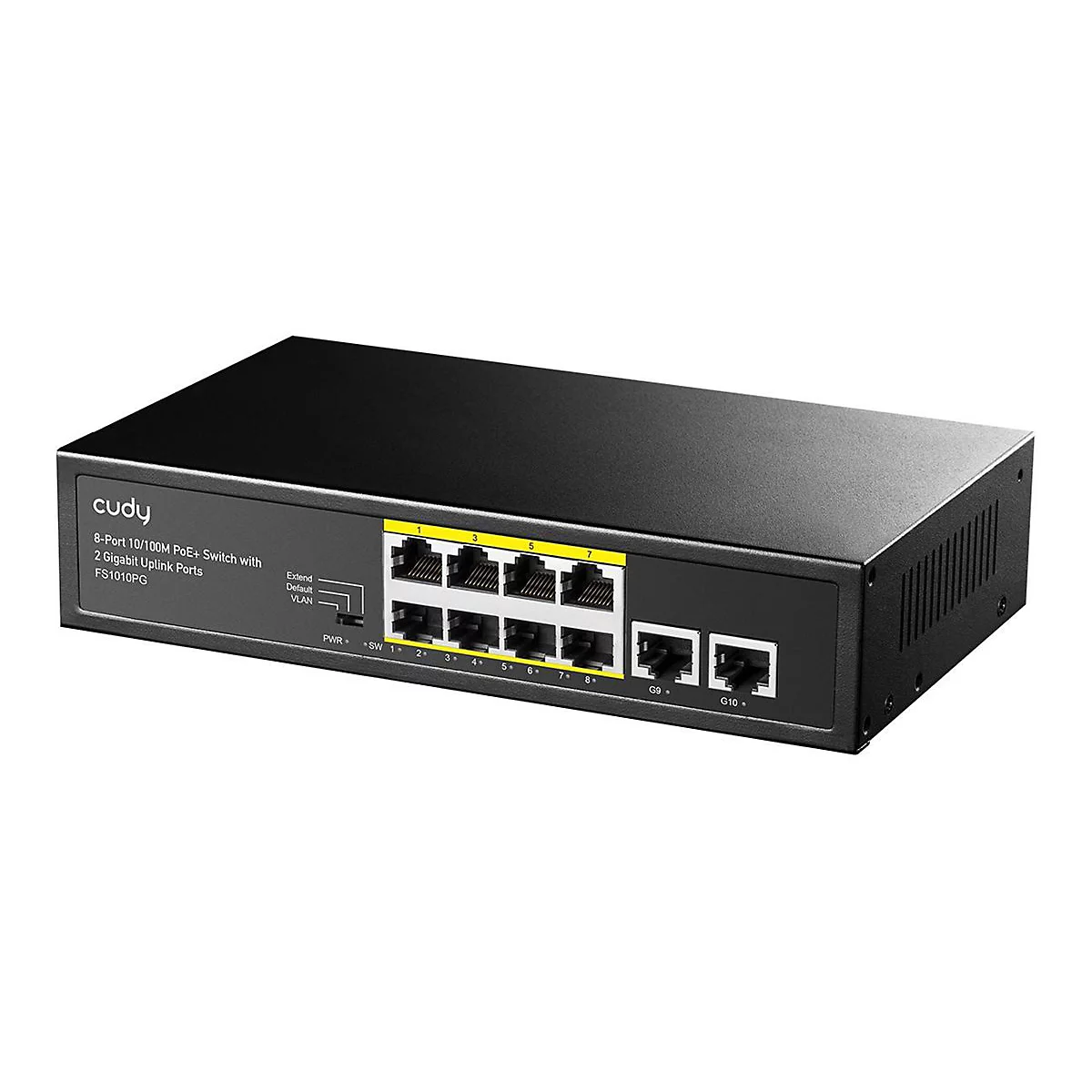 Schwarzer Cudy 8-Port PoE+ Netzwerk-Switch mit 2 Gigabit-Uplink-Ports und VLAN-Umschalter.