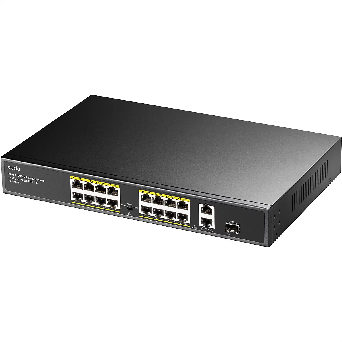 Schwarzer Cudy 16-Port PoE+ Switch vor weißem Hintergrund mit Ethernet- und SFP-Anschlüssen.
