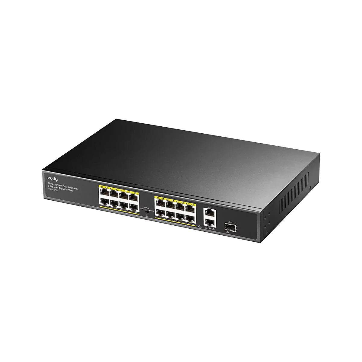 Schwarzer Cudy 16-Port PoE+ Switch mit gelben Markierungen an den Ethernet-Ports vor weißem Hintergrund.