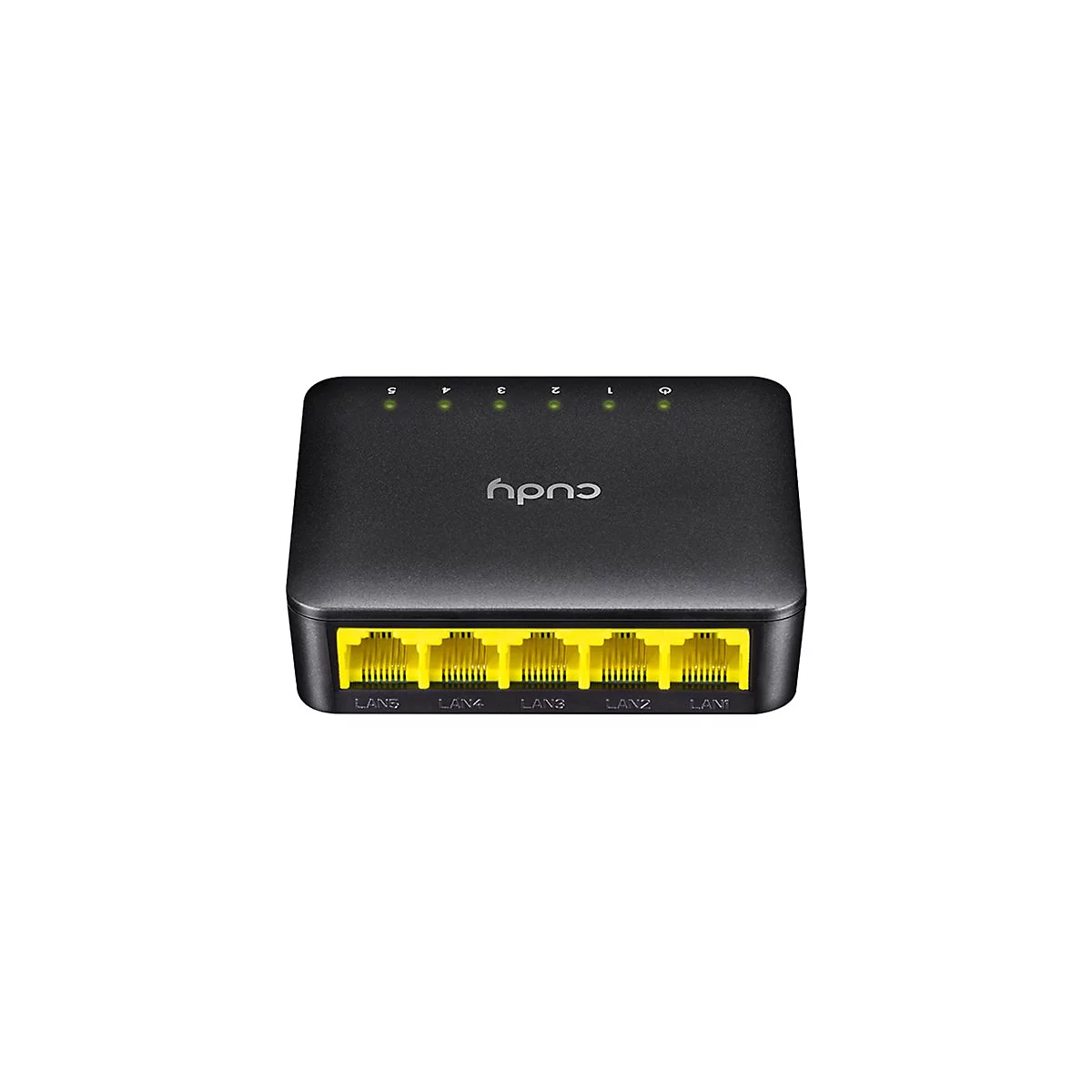 Schwarzer Cudy Netzwerk-Switch mit fünf gelben LAN-Ports an der Vorderseite und grünen LED-Statusanzeigen oben.
