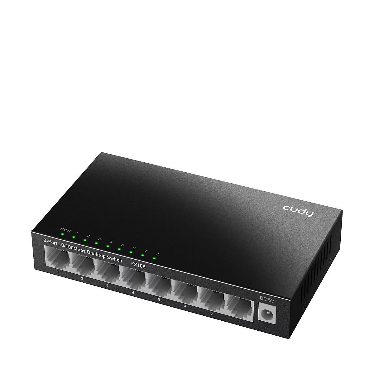 Schwarzer Cudy 8-Port Desktop-Netzwerk-Switch mit leuchtenden grünen LEDs auf weißem Hintergrund.