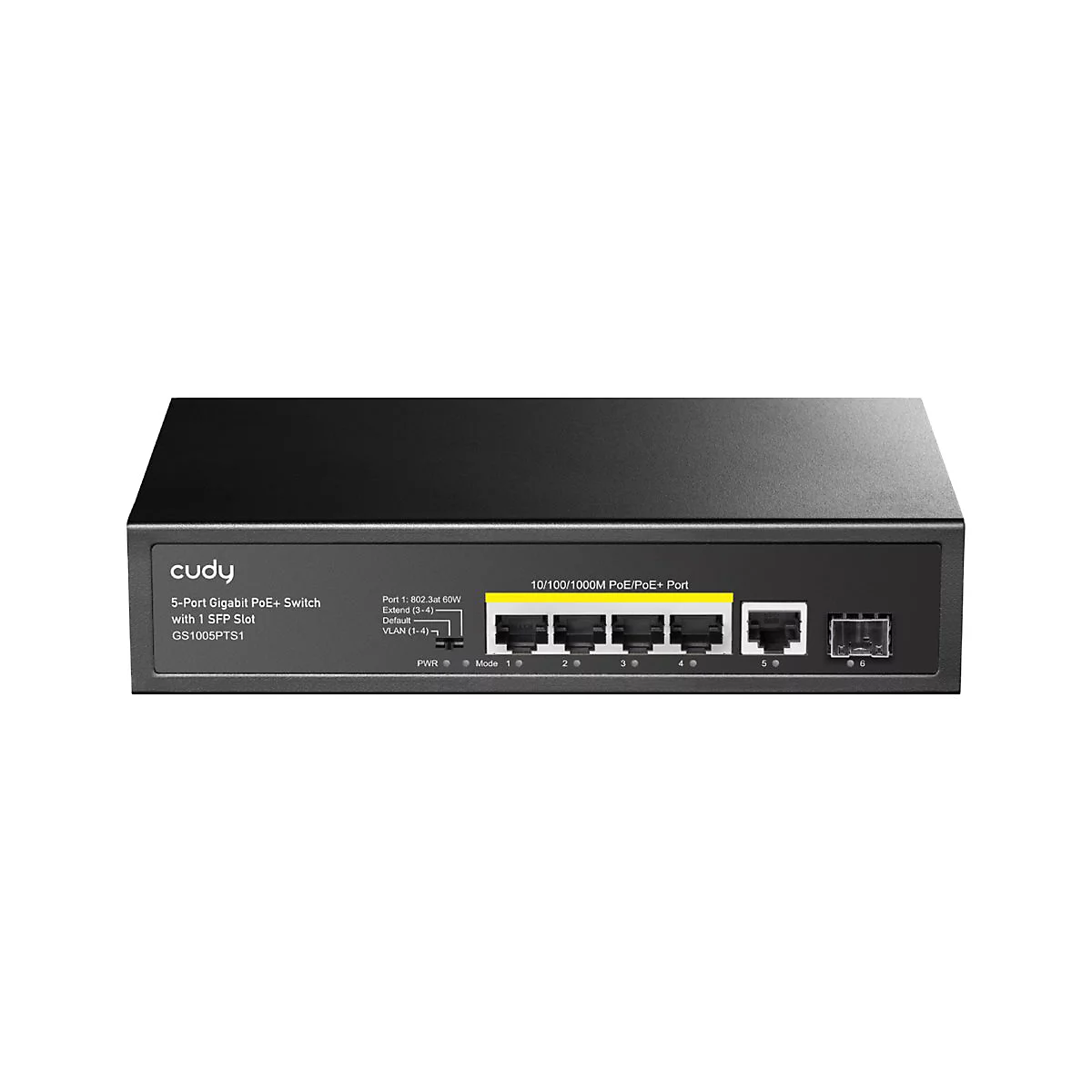Schwarzer Cudy 5-Port Gigabit PoE+ Switch mit SFP-Anschluss auf neutralem Hintergrund.