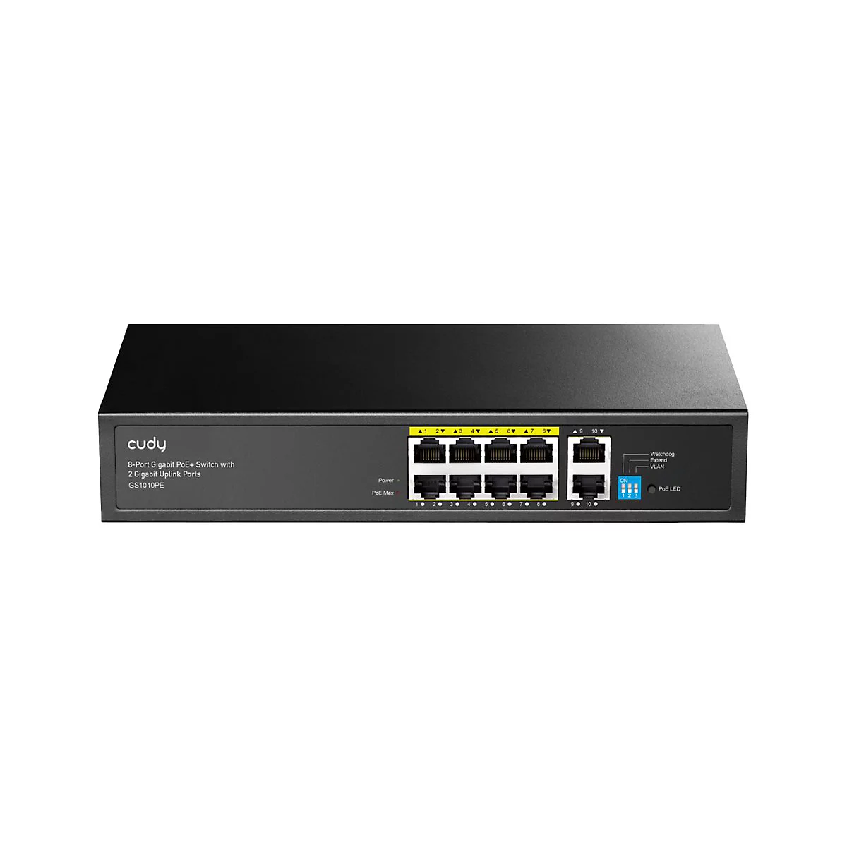 Schwarzer Cudy 8-Port Gigabit PoE+ Switch mit 2 Uplink-Ports und DIP-Schaltern auf weißem Hintergrund.