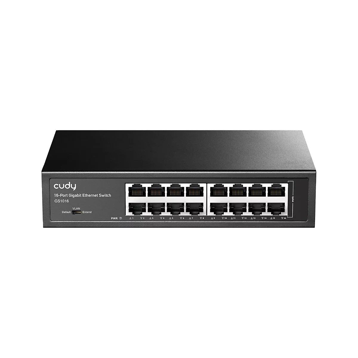 Schwarzer Cudy 16-Port Gigabit Ethernet Switch GS1016 mit Anschlüssen auf der Vorderseite.