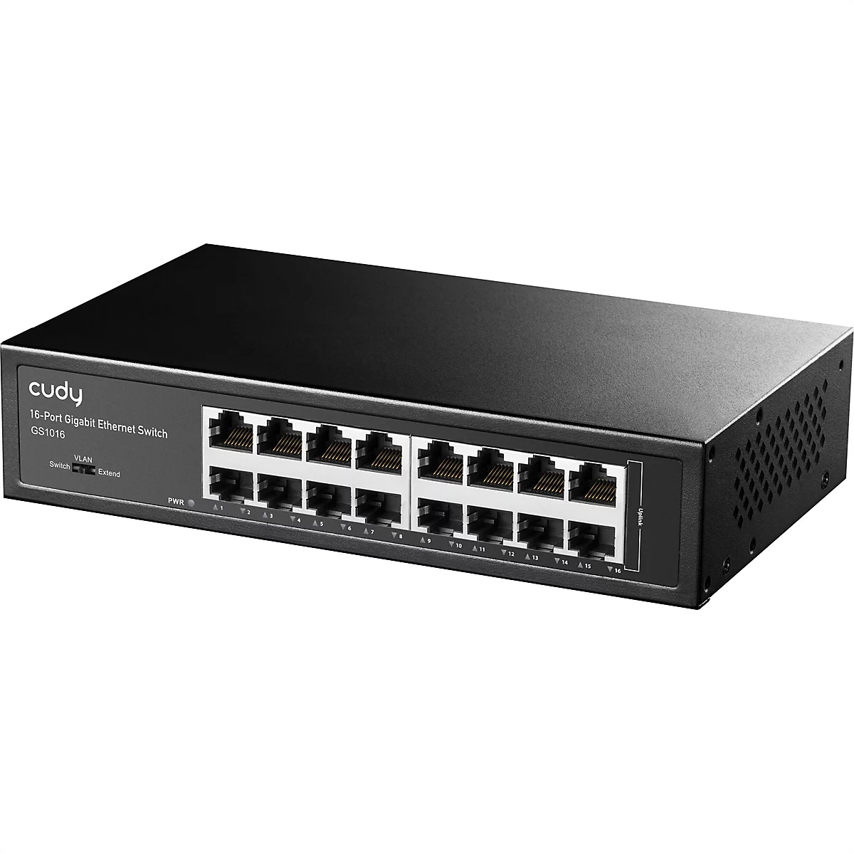Schwarzer 16-Port Gigabit Ethernet Switch von Cudy Modell GS1016 mit VLAN-Schalter auf neutralem Hintergrund.