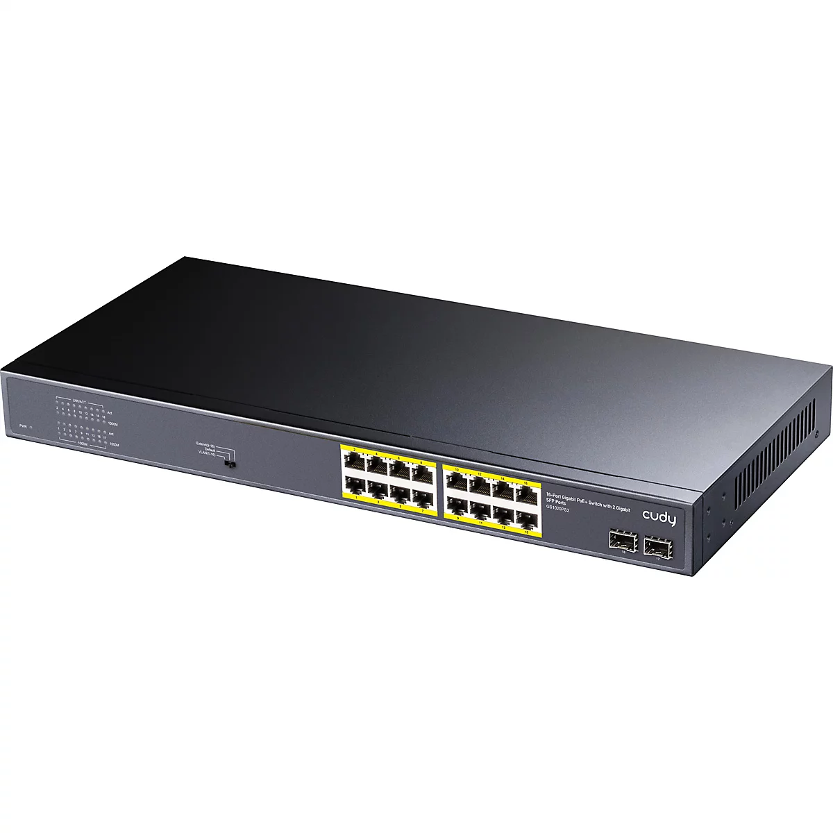 Schwarzer 16-Port Gigabit PoE+ Switch von Cudy mit zwei SFP-Ports vor weißem Hintergrund.