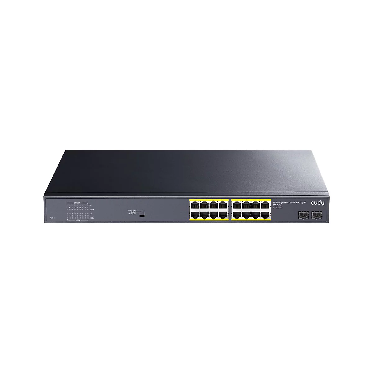 Schwarzer Cudy 16-Port Gigabit PoE+ Switch mit zwei SFP-Anschlüssen vor neutralem Hintergrund.