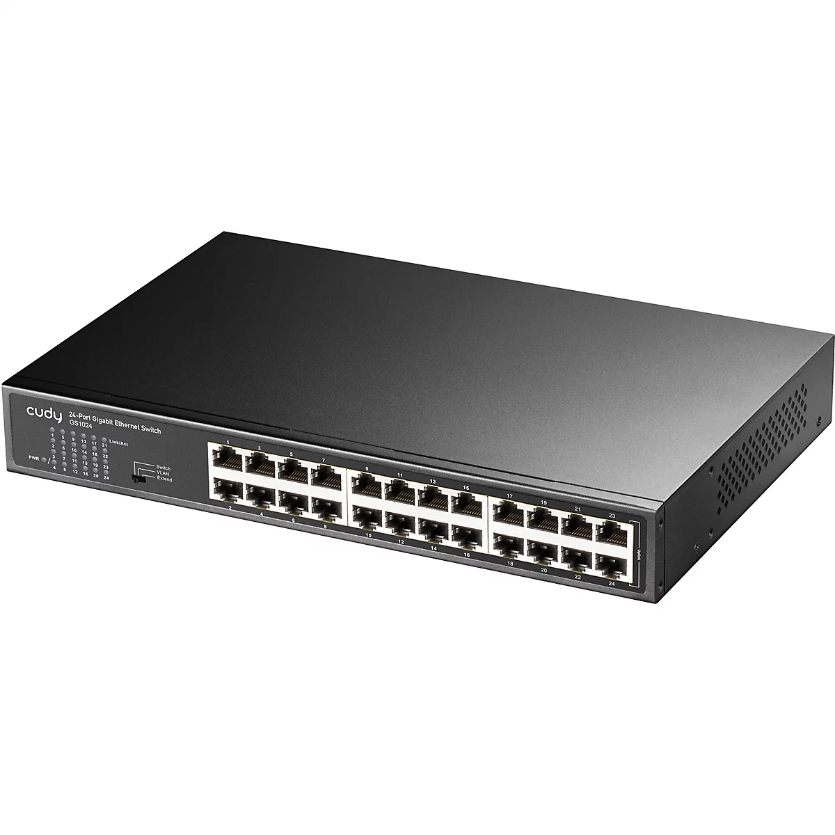 Schwarzer 24-Port Gigabit Ethernet Switch von Cudy Modell GS1024 mit Status-LEDs und Funktionsschalter.