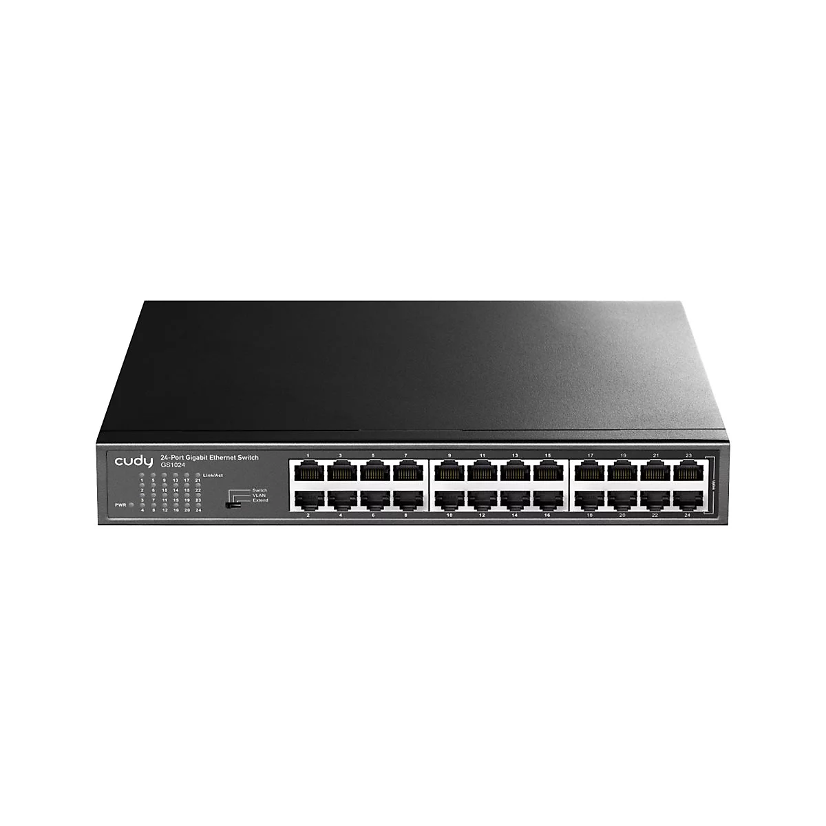 Schwarzer 24-Port Gigabit Ethernet Switch von Cudy Modell GS1024 vor weißem Hintergrund.