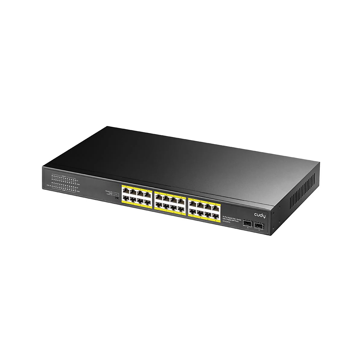 Schwarzer Cudy 24-Port Gigabit PoE+ Netzwerk-Switch mit 2 SFP-Ports vor weißem Hintergrund.