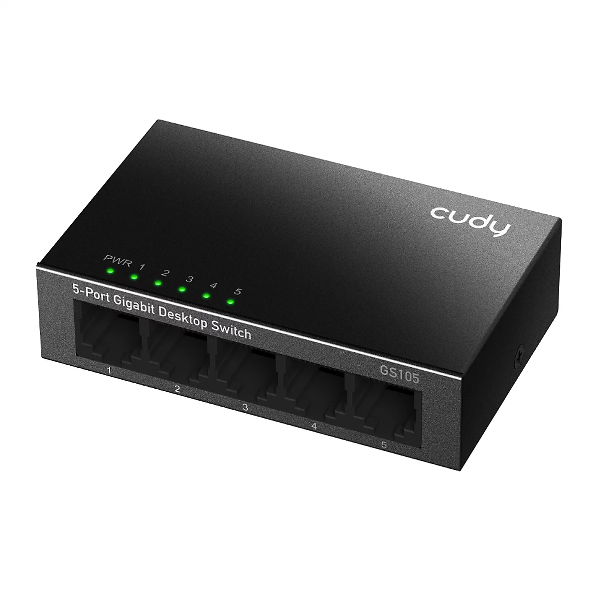 Schwarzer Cudy 5-Port Gigabit Desktop Switch mit leuchtenden grünen LEDs auf weißem Hintergrund.