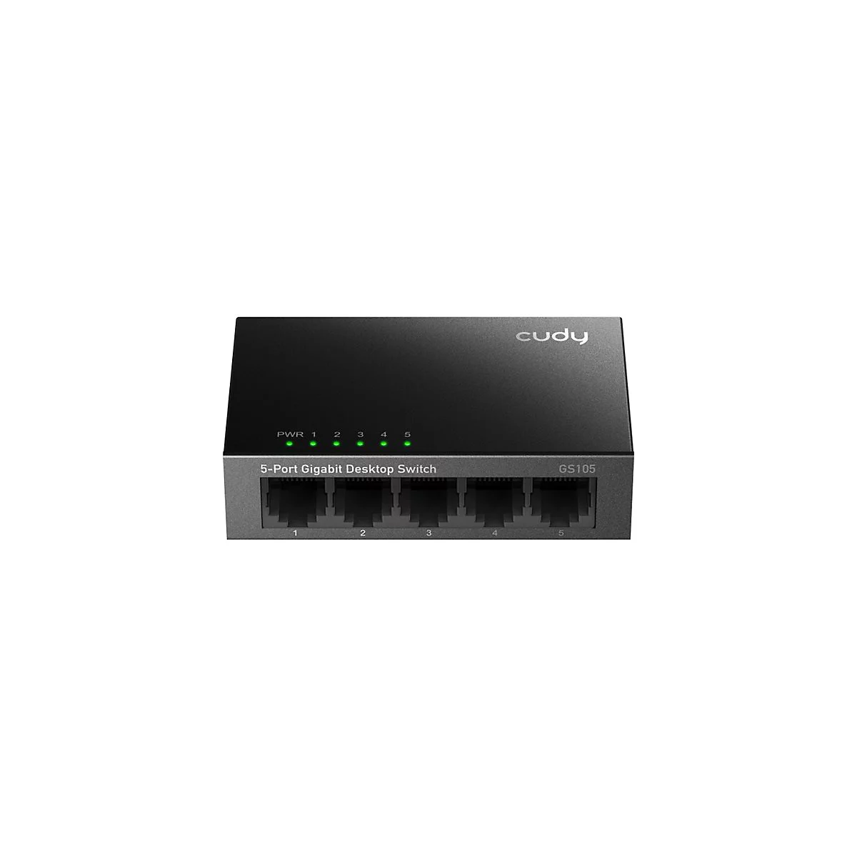 Schwarzer 5-Port Gigabit Desktop-Switch von Cudy mit fünf leuchtenden grünen LEDs.