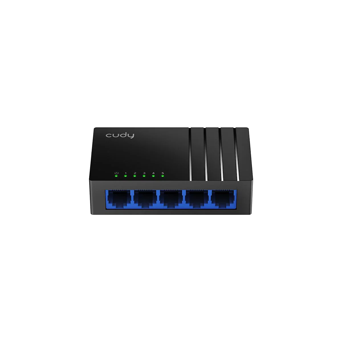 Schwarzer Netzwerkswitch von Cudy mit fünf Anschlüssen. Oben leuchten grüne LEDs, vorne blaue Ports.