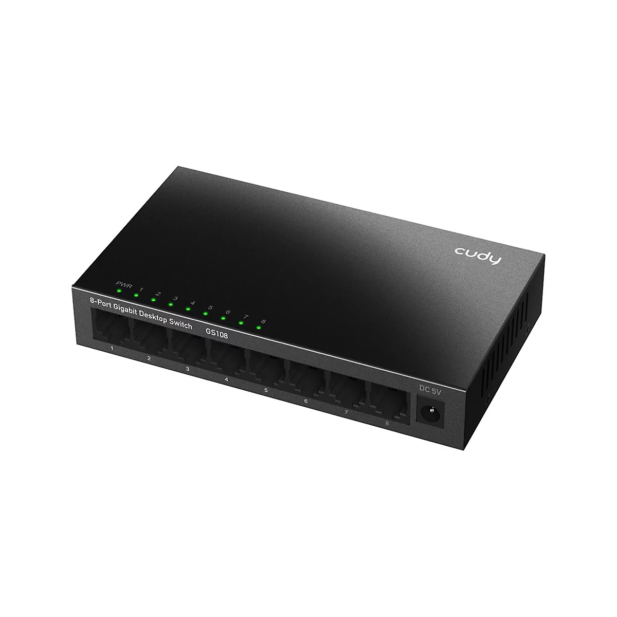 Schwarzer Cudy 8-Port Gigabit Desktop Switch auf weißem Hintergrund mit leuchtenden grünen Status-LEDs.