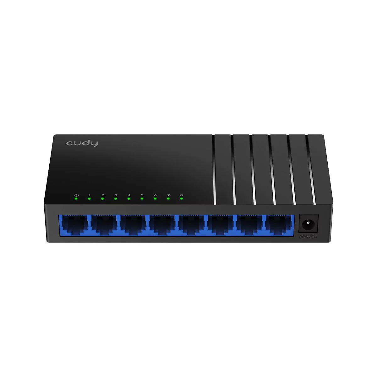Schwarzer Cudy 8-Port Netzwerk-Switch mit blauen LAN-Anschlüssen und grünen Status-LEDs auf weißem Grund.