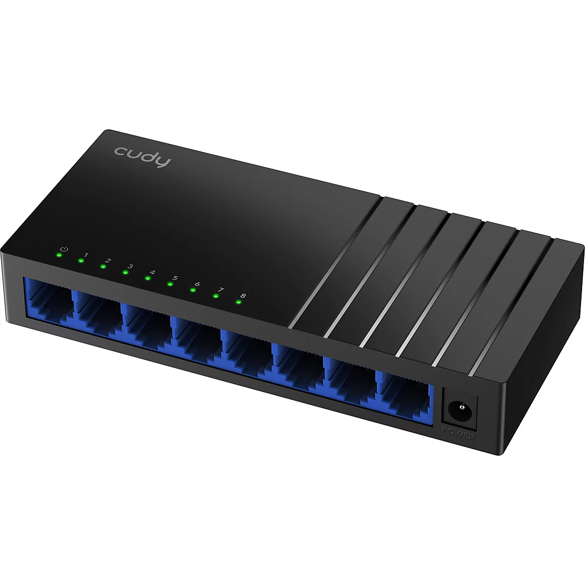 Schwarzer Cudy 8-Port Netzwerk-Switch mit blauen Anschlüssen und leuchtenden grünen Status-LEDs auf weißem Hintergrund.