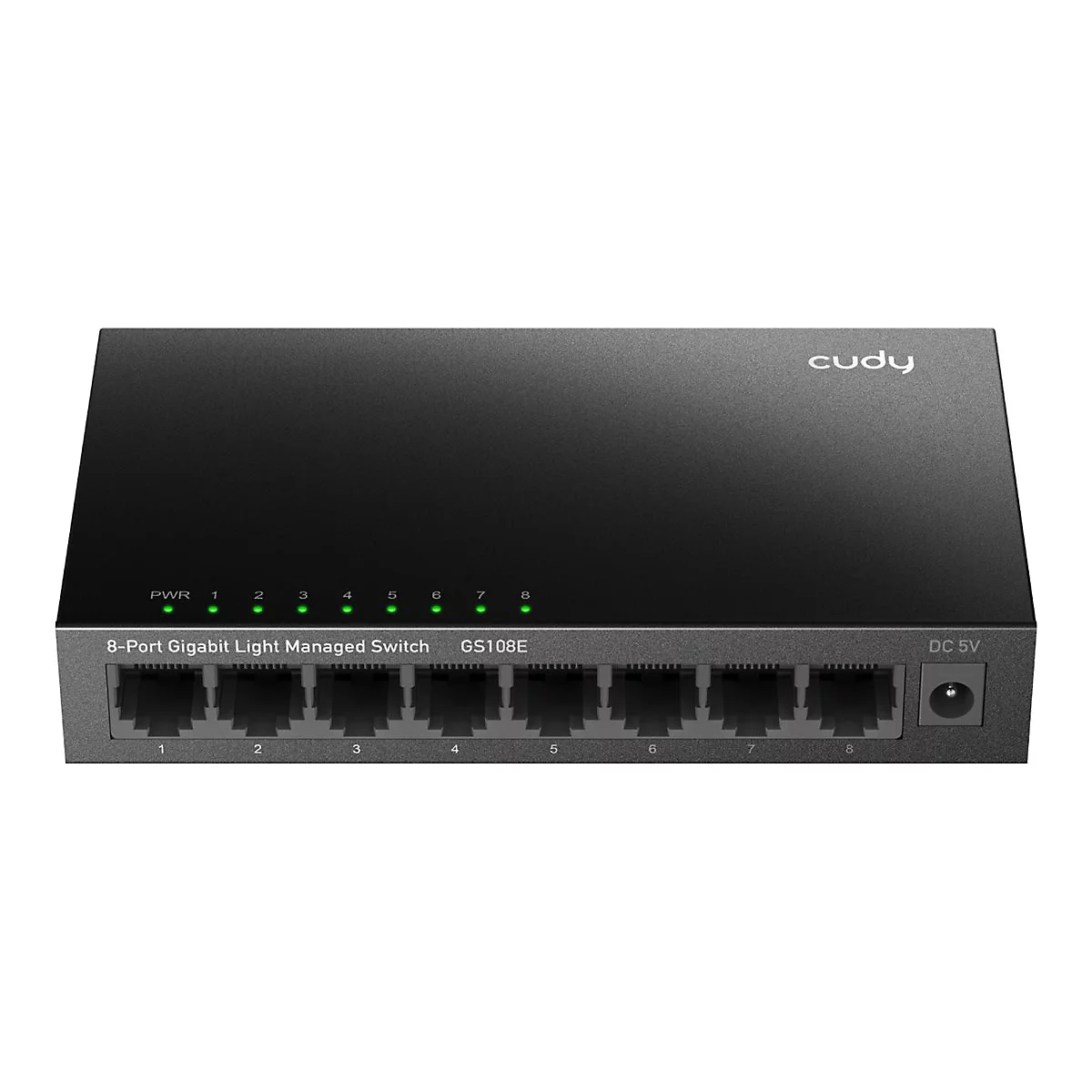 Schwarzer Cudy 8-Port Gigabit Light Managed Switch mit leuchtenden grünen LEDs auf weißem Hintergrund.