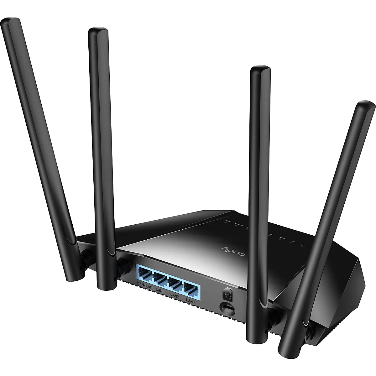 Schwarzer Cudy WLAN-Router mit vier externen Antennen und hellblauen LAN-Anschlüssen vor weißem Hintergrund.