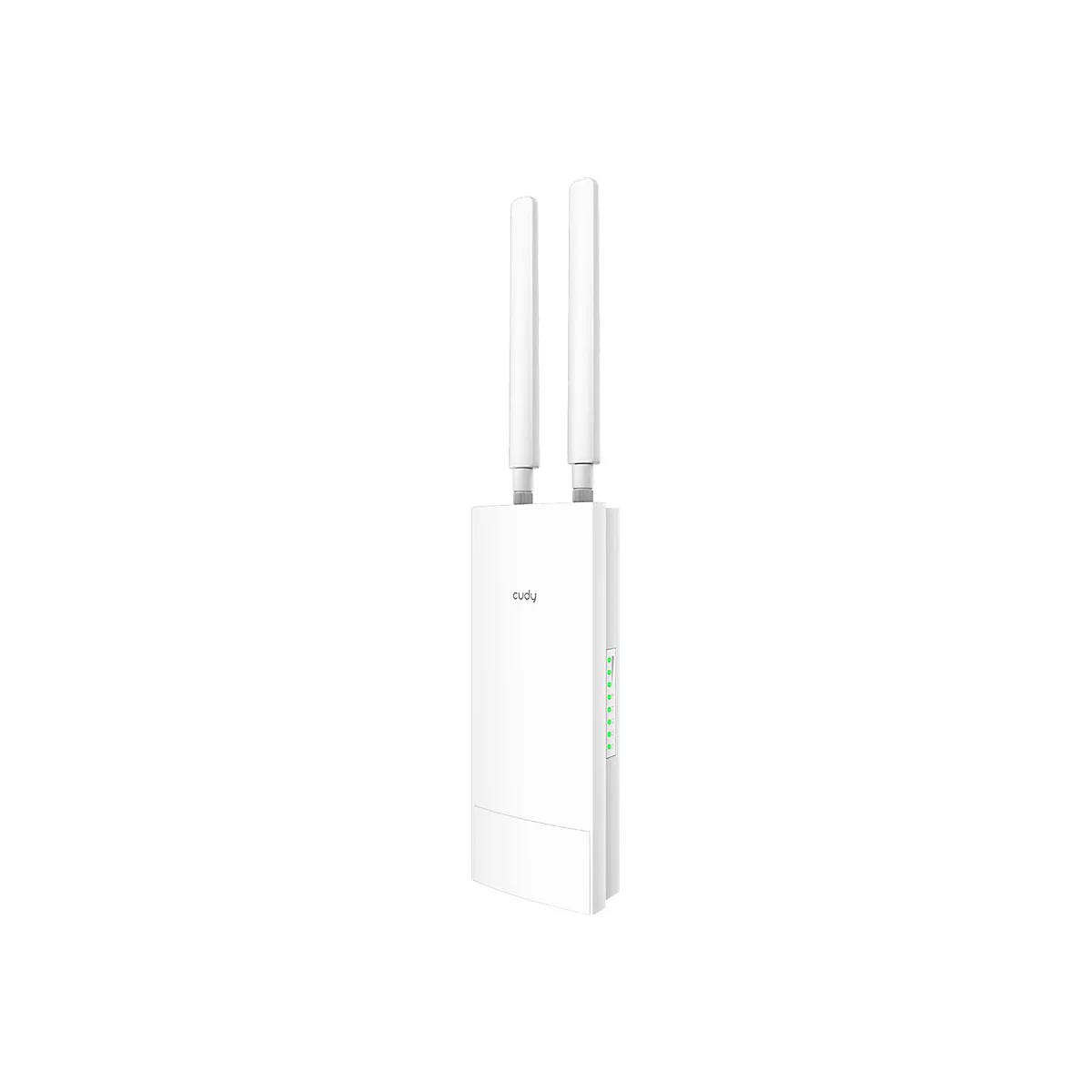 Weißer Cudy Outdoor-WLAN-Access-Point mit zwei Antennen und leuchtenden grünen Status-LEDs an der Seite.
