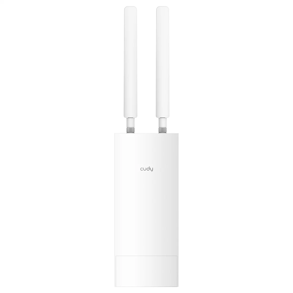 Weißer Cudy Outdoor-WLAN-Access-Point mit zwei vertikalen Antennen vor weißem Hintergrund.