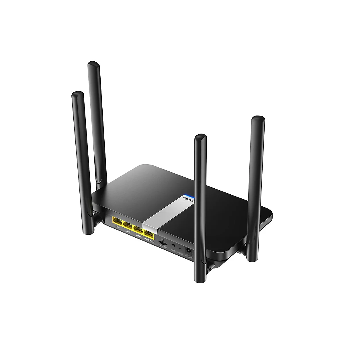 Schwarzer WLAN-Router mit vier externen Antennen und gelben LAN-Anschlüssen vor weißem Hintergrund.