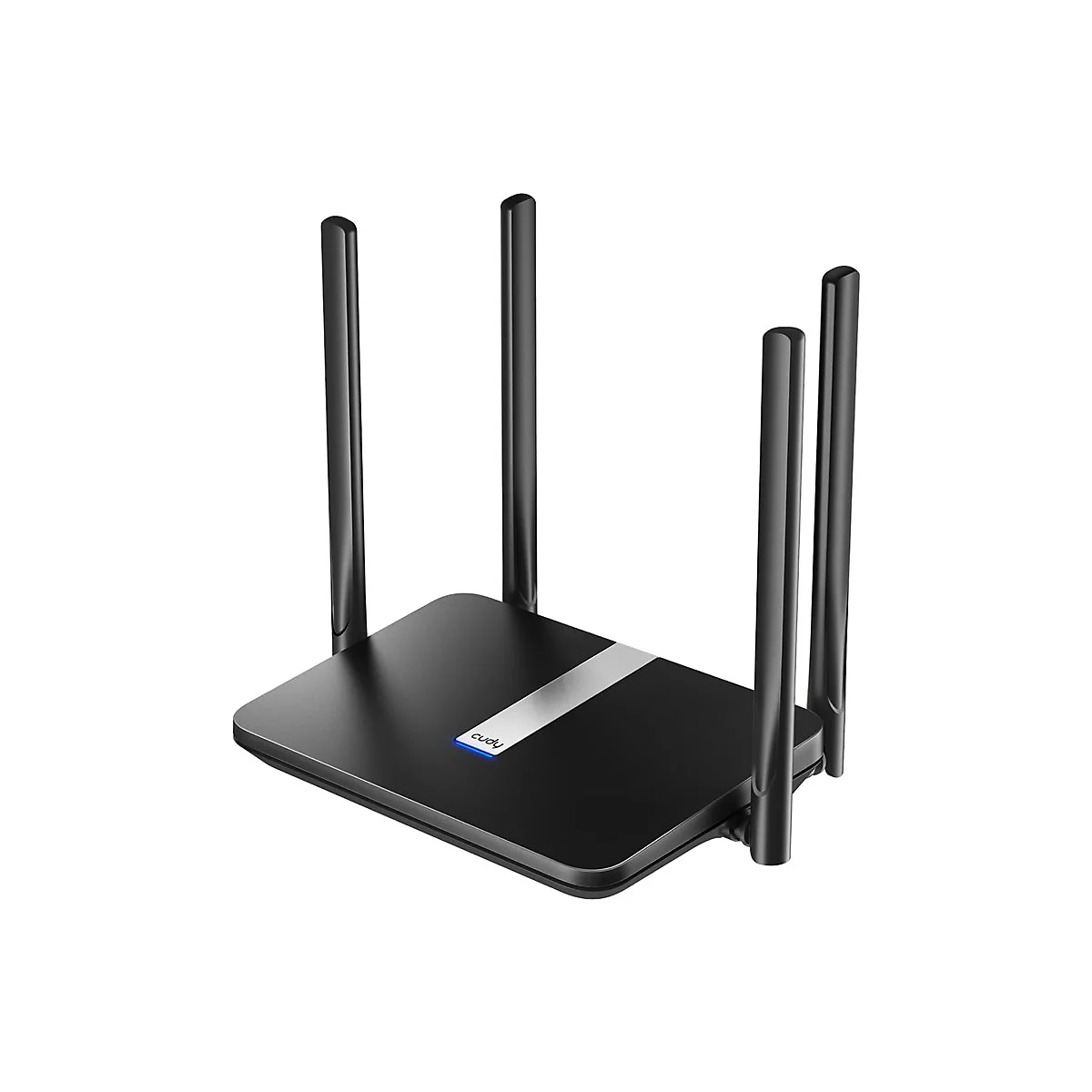 Schwarzer Cudy WLAN-Router mit vier externen Antennen und silbernem Akzent auf weißem Hintergrund.