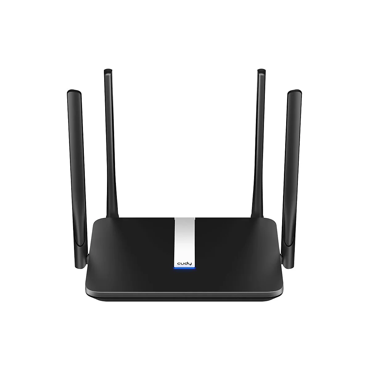 Schwarzer Cudy WLAN-Router mit vier externen Antennen und leuchtender Statusanzeige auf weißem Hintergrund.