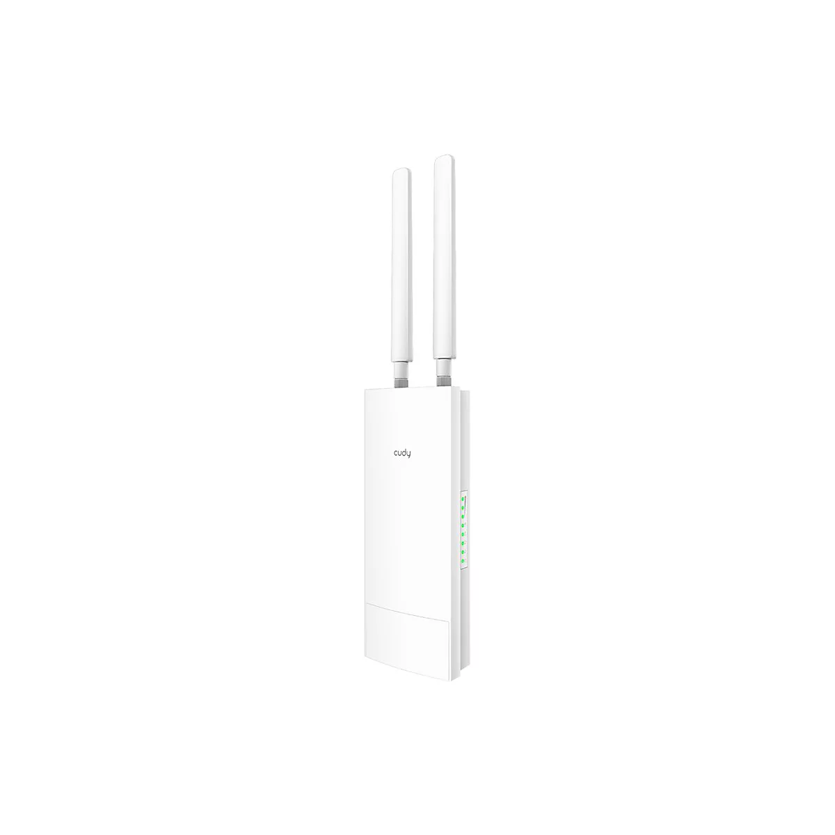 Weißer Cudy Outdoor-WLAN-Router mit zwei Antennen und seitlichen LED-Statusleuchten auf weißem Hintergrund.