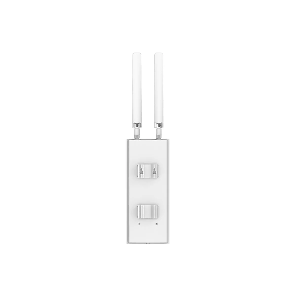 Weiße Rückseite eines WLAN-Access-Points mit zwei nach oben gerichteten Antennen und Montagevorrichtungen.
