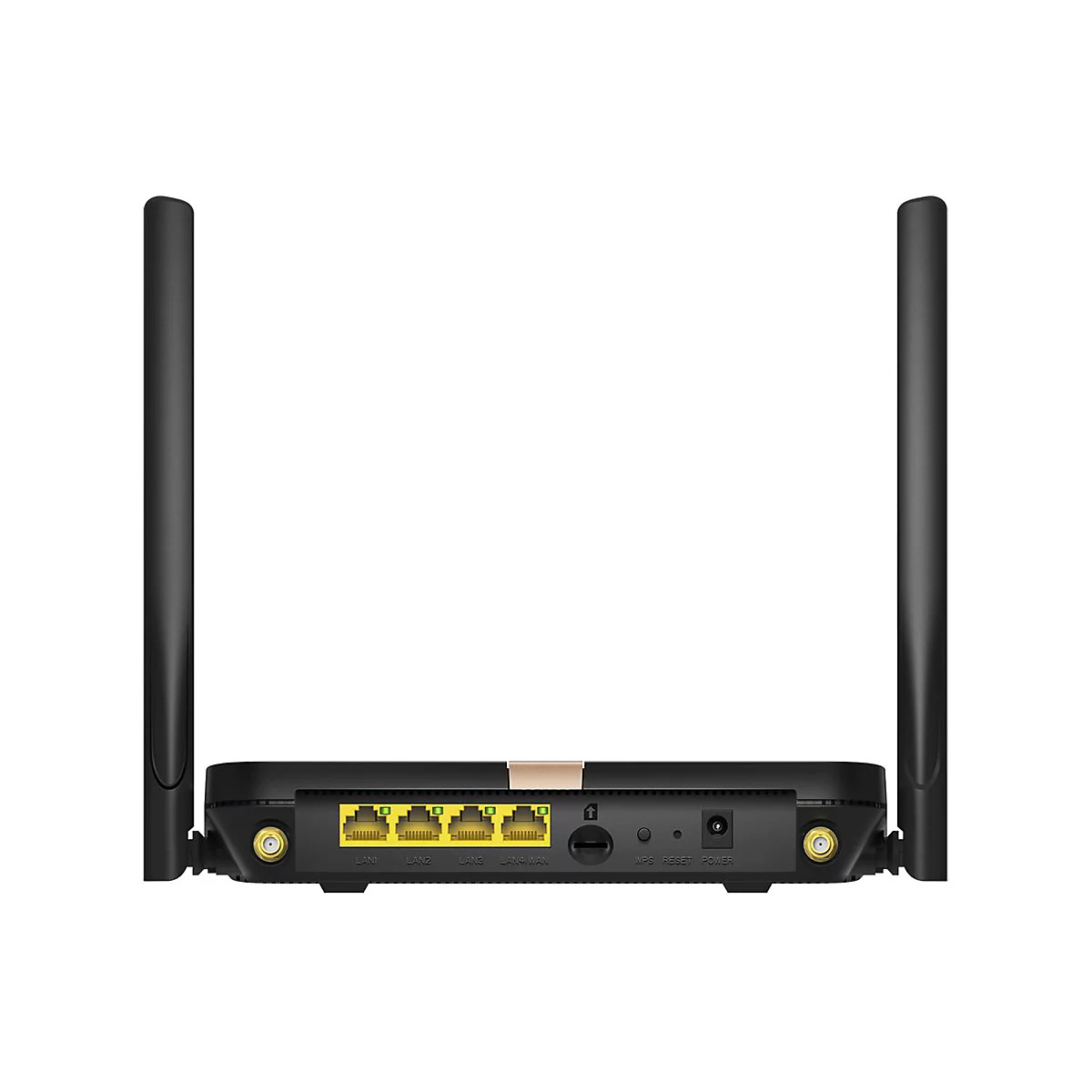 Rückseite eines schwarzen WLAN-Routers mit zwei Antennen und diversen Anschlüssen, darunter gelbe LAN-Ports.