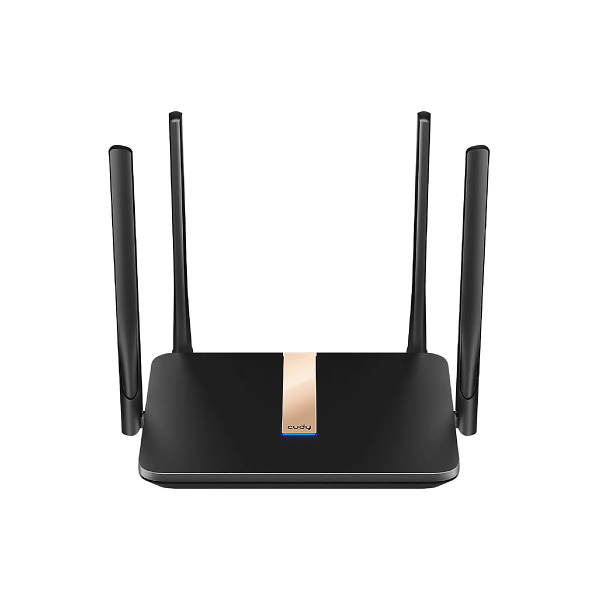 Schwarzer Cudy WLAN-Router mit vier Antennen und einem mittigen, goldfarbenen Akzentstreifen vor weißem Hintergrund.