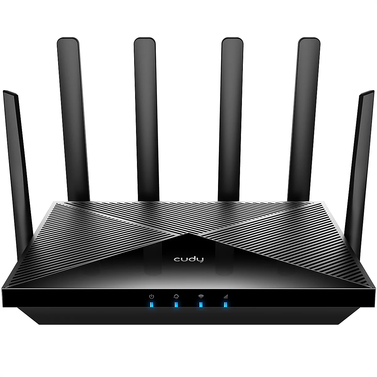 Schwarzer Cudy WLAN-Router mit fünf Antennen vor weißem Hintergrund. Vier blaue LED-Statusleuchten leuchten vorne.