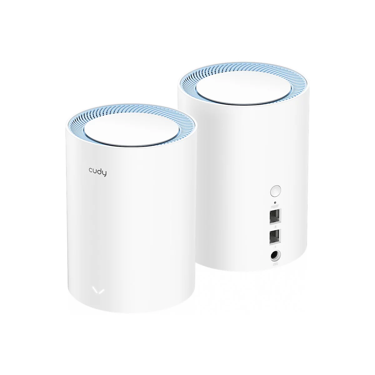 Zwei weiße, zylindrische Cudy WLAN-Router vor weißem Hintergrund.