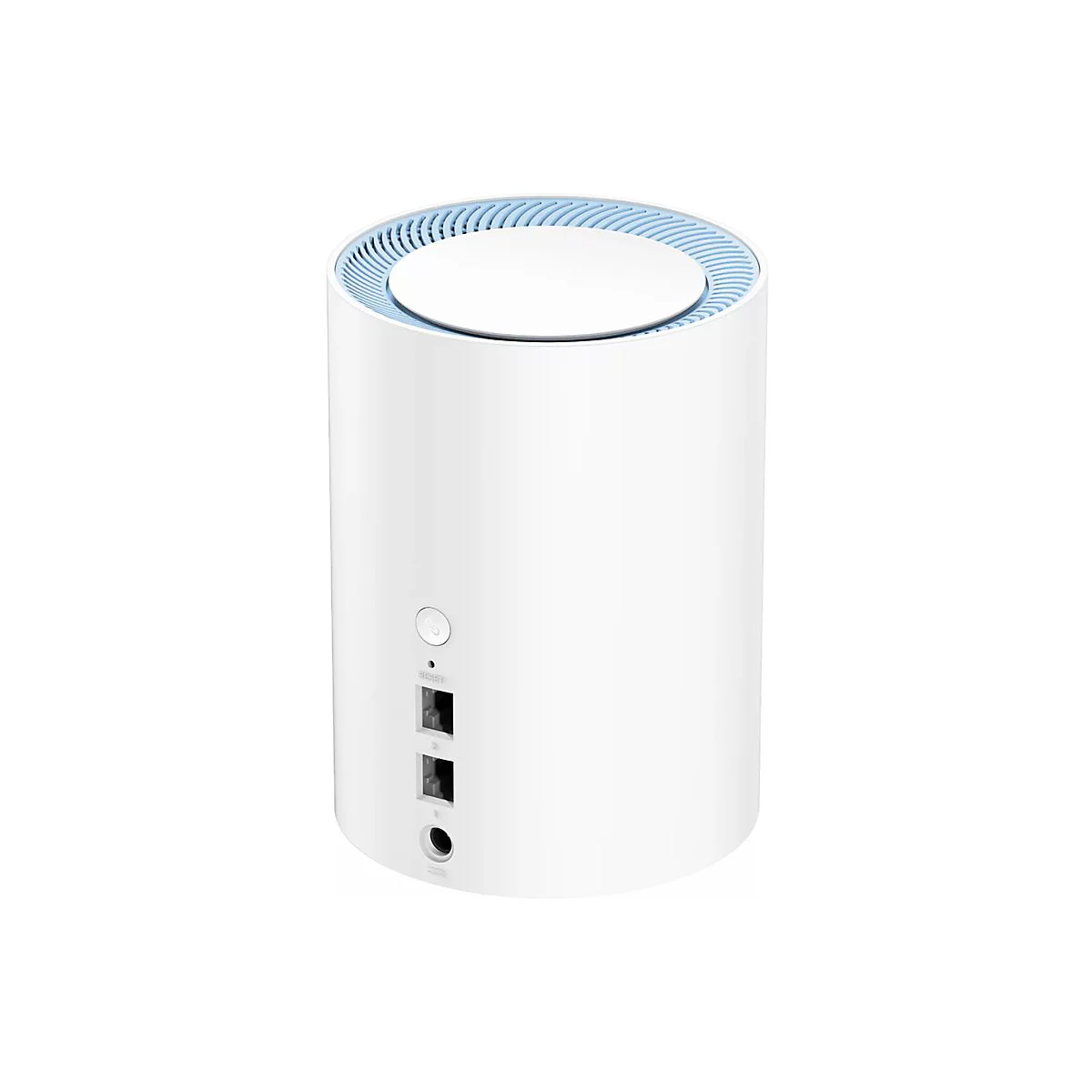 Weißer zylindrischer WLAN-Router mit blauen Belüftungsschlitzen und Anschlüssen auf der Rückseite.